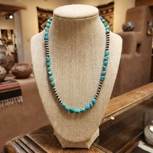 20" 5mm Navajo Pearls Kingman Turquoise Sterling Silver Necklace
